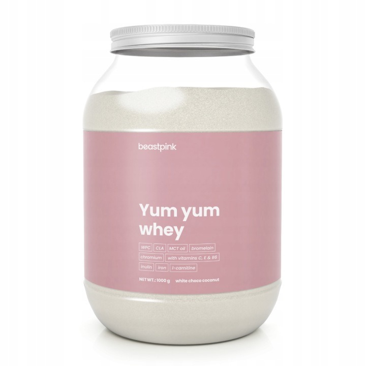 YUM YUM SRVÁTKOVÝ PROTEÍN PRE ŽENY 1000g Biela čokoláda s kokosom – BeastPink