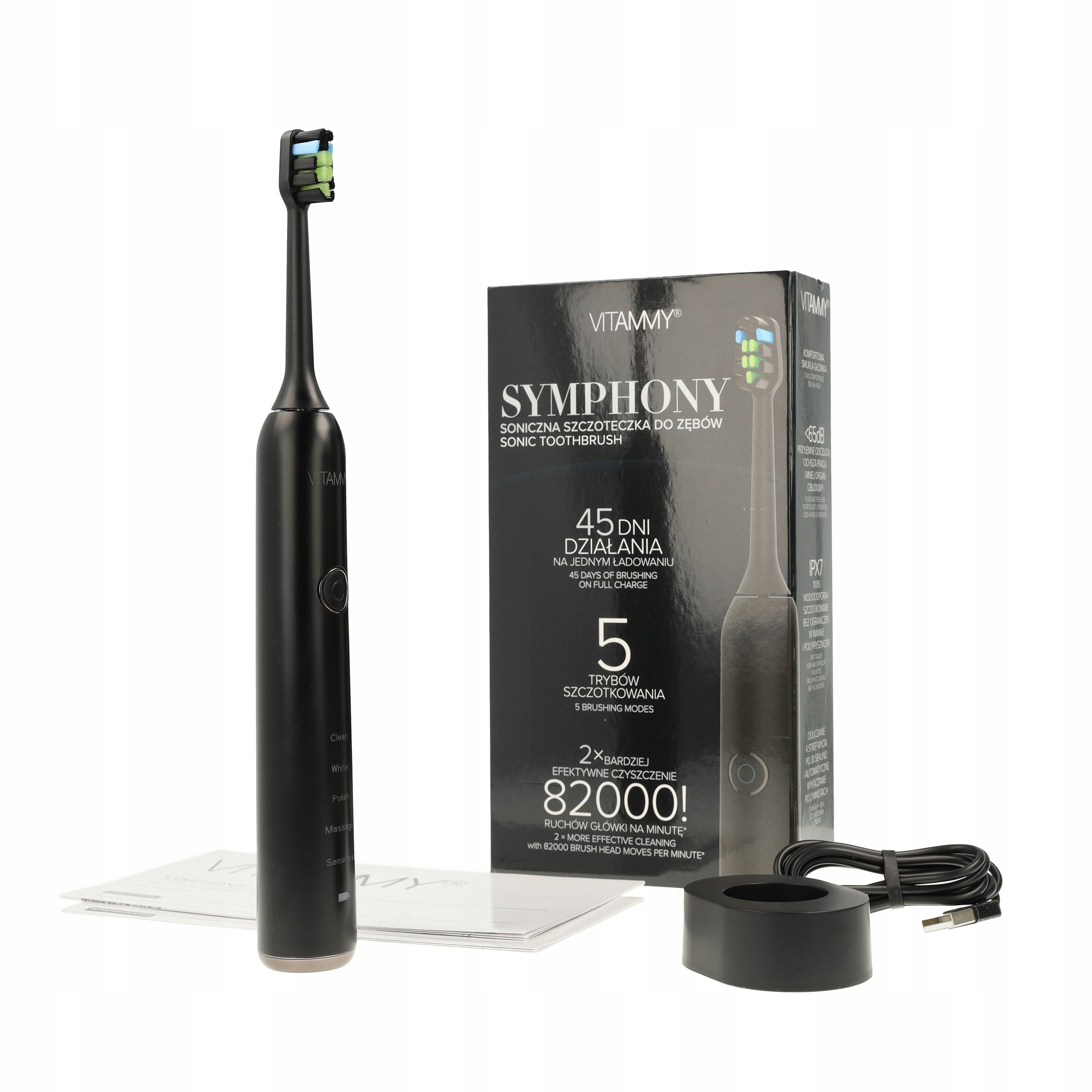 VITAMMY SYMPHONY Black Sonic – sonická elektrická zubná kefka, 82 000 pohybov/min, indukčné nabíjanie, 5 režimov