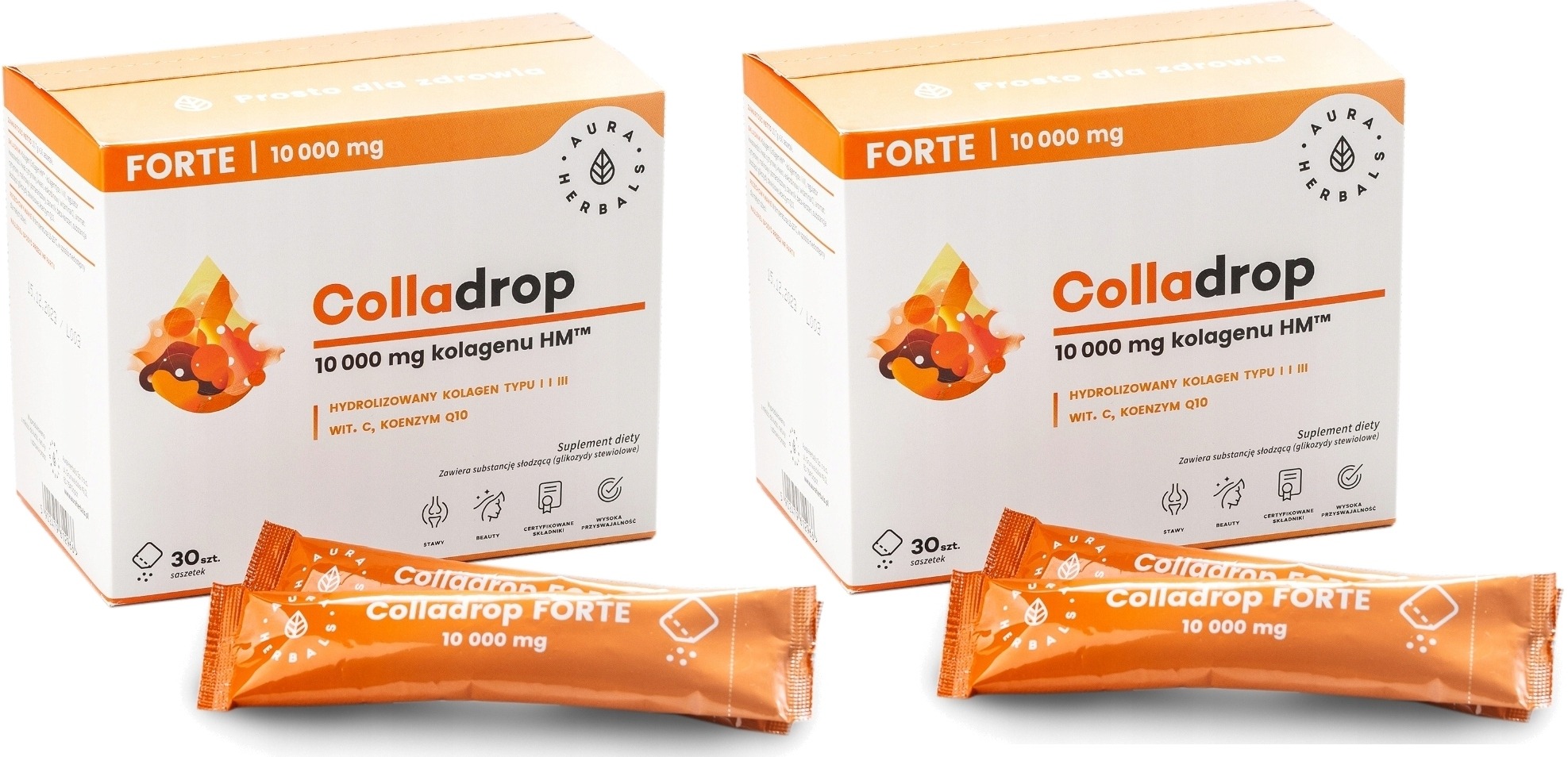 2× Aura Herbals Colladrop Forte 10 000 mg – hydrolyzovaný morský kolagén typu I a III, vitamín C a koenzým Q10, 30 vrecúšok
