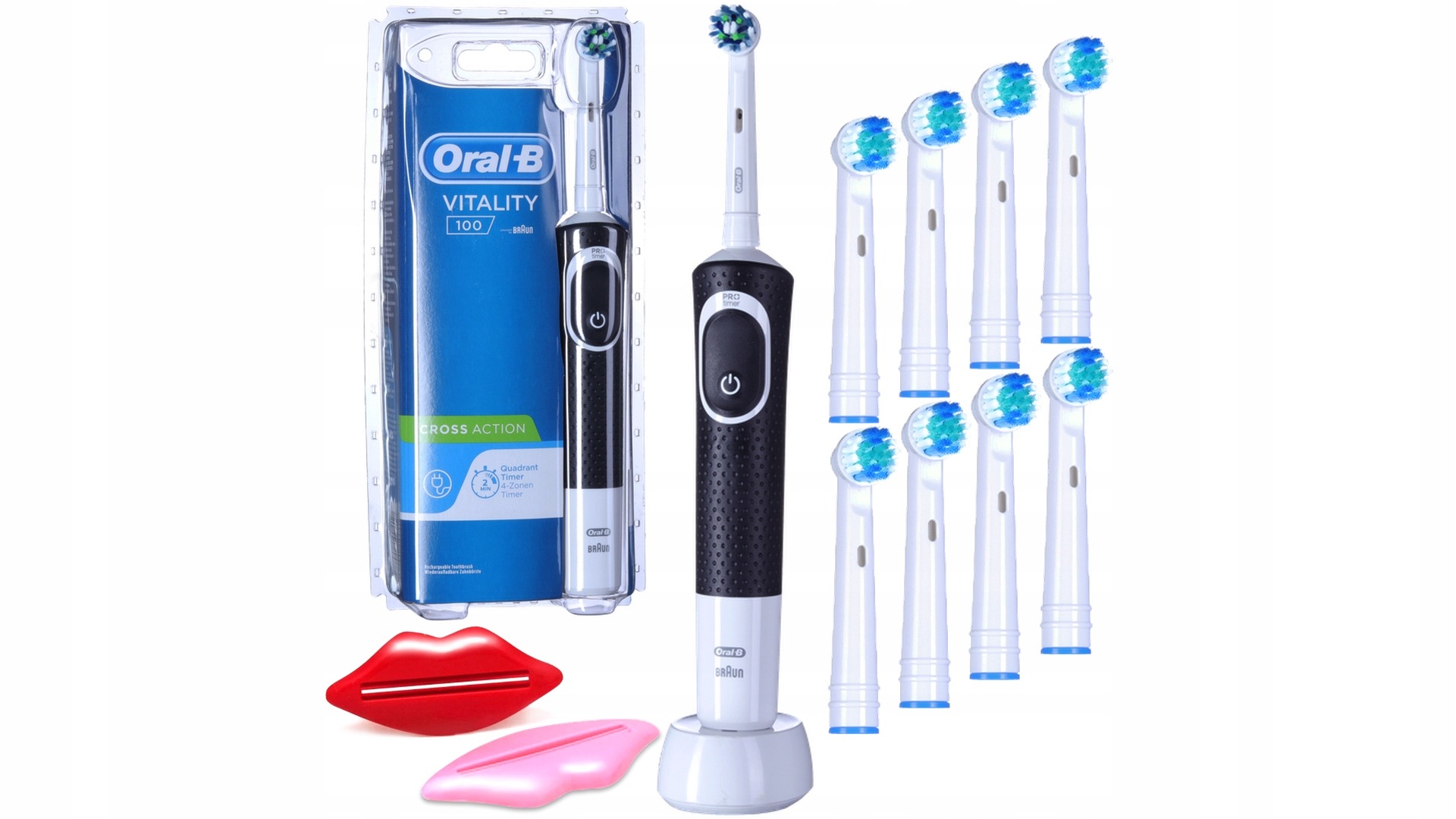 Sada elektrických zubných kefiek Oral-B Vitality 100 Cross Action – čierna, nabíjateľná, 8 náhradných hlavíc