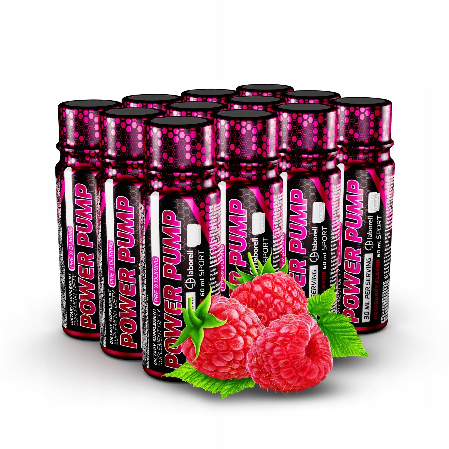 SHOT 60ml 12 ks POWER PUMP malina – predtréningový energetický gél Laborell