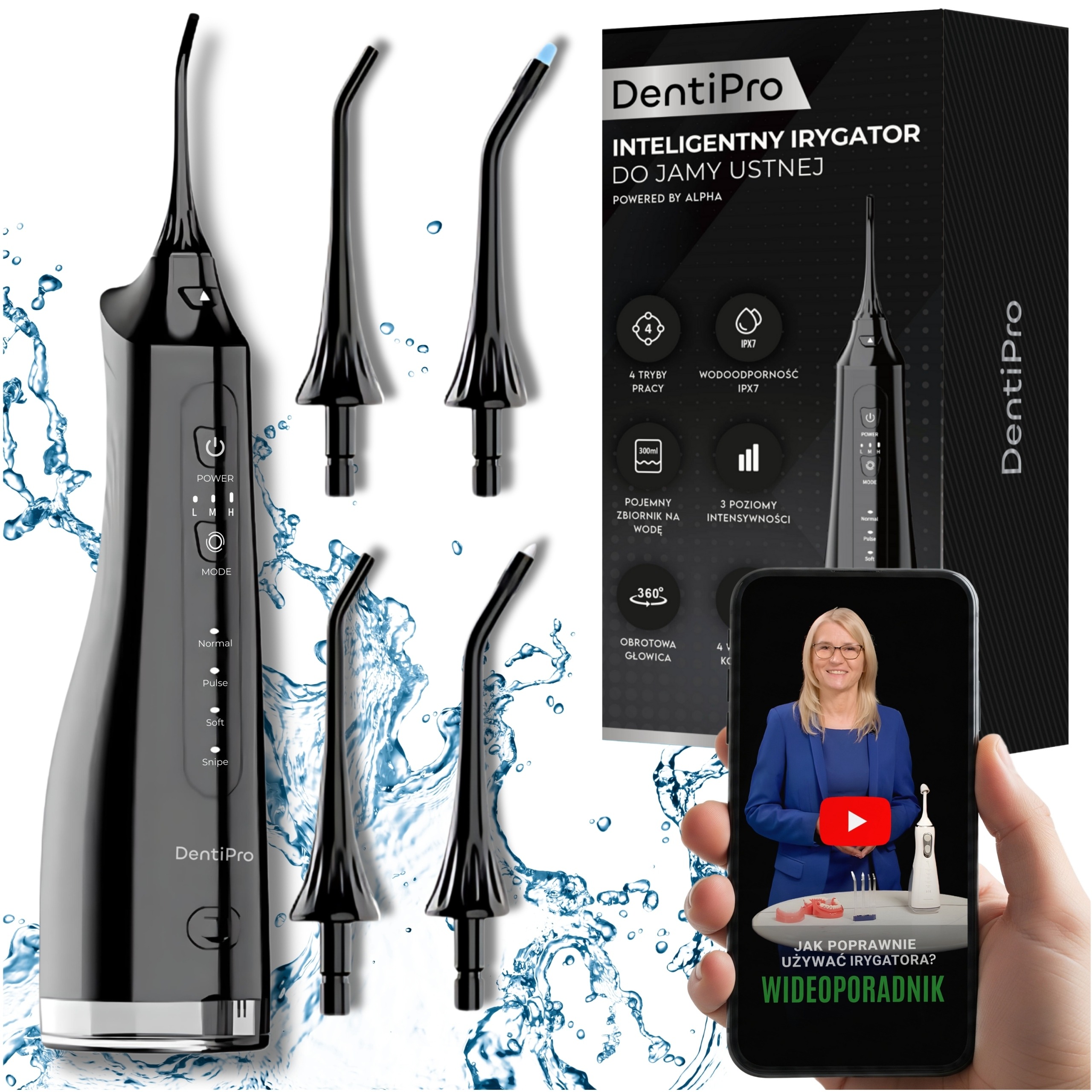 DentiPro bezdrôtový zubný irigátor 4 režimy + 4 trysky, nádrž 300 ml, IPX7
