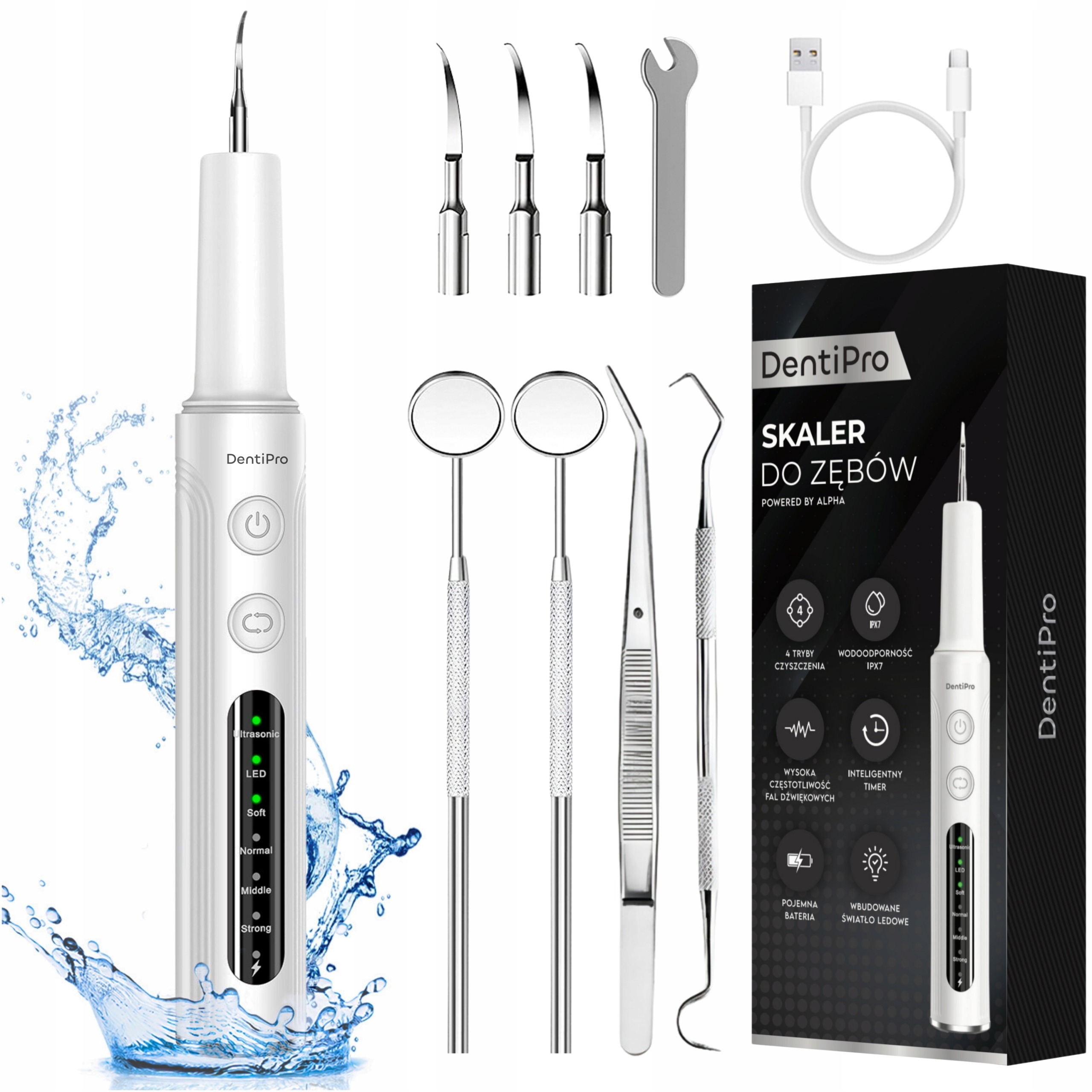 DentiPro Ultrazvukový odstraňovač zubného kameňa – 4 režimy, 4 hlavice, 4 nástroje, nabíjanie USB