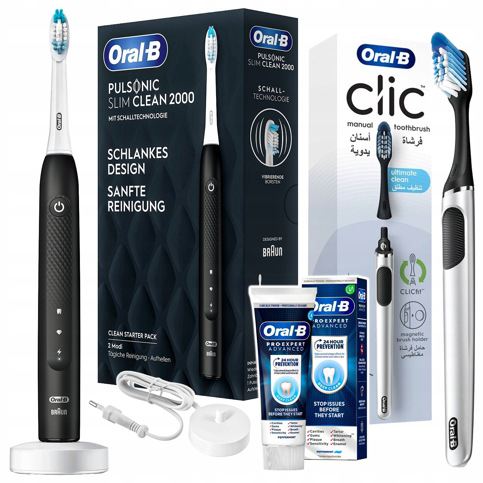 Sonická zubná kefka ORAL-B Pulsonic Slim Clean 2000 + manuálna kefka Clic Chrome Black + zubná pasta Pro-Expert Advanced Deep Clean 75 ml – oficiálna EU sada