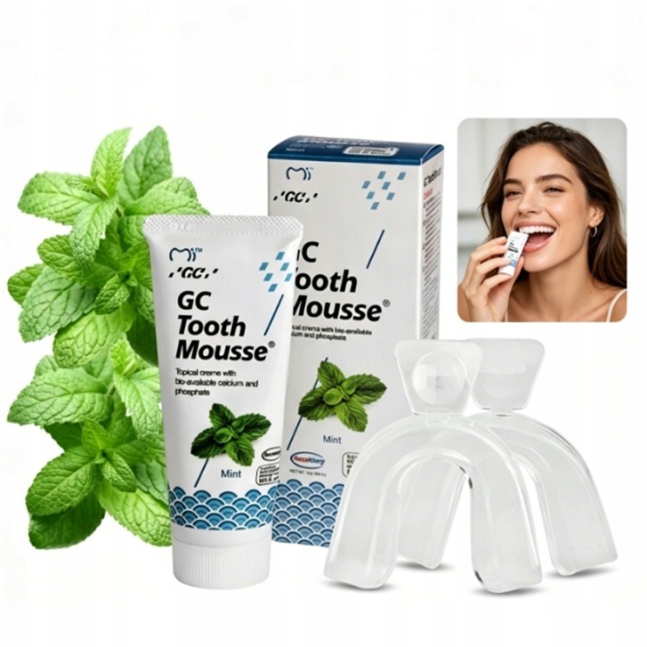 GC Tooth Mousse Mint – remineralizačná zubná pena + tepelne tvarovateľné kalíšky pre citlivé zuby, 50 ml