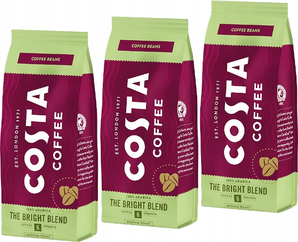 Zrnková káva - Kávová zrná Costa Coffee Bright Blend 3x 200g