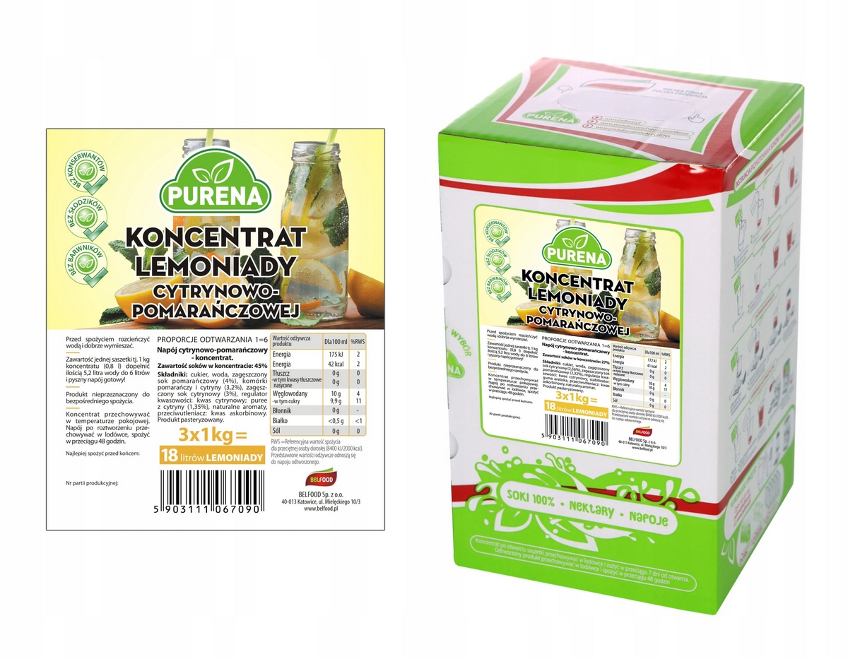 Lemonáda citrón-pomar (koncentrácia) Purena 18L / 3KG