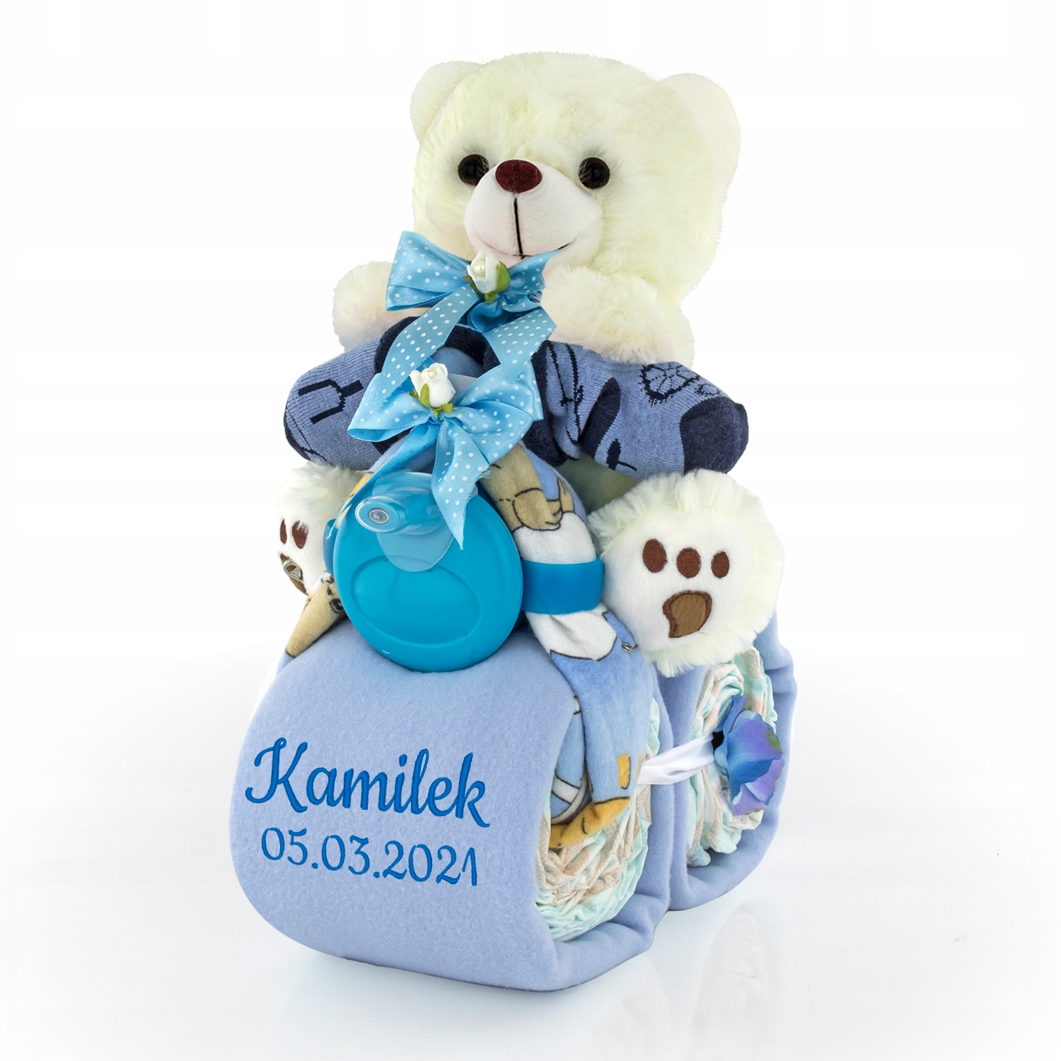 Doplnky na krst - Motorek Cake s darčekmi Pampers 2 na jednoročné vyšívanie