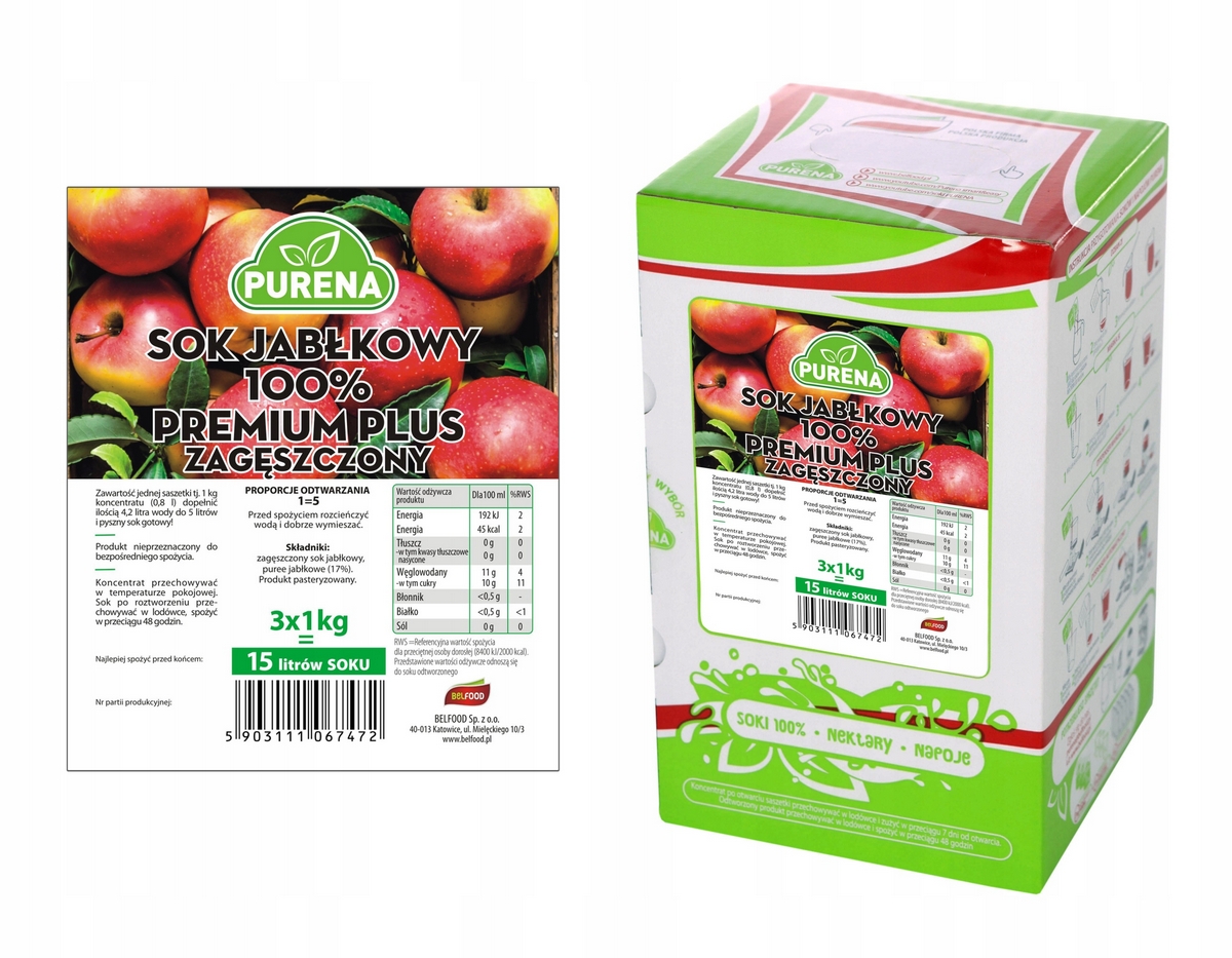Jablková šťava PREMIUM 100% (zahustená) PURENA 15l / 3kg