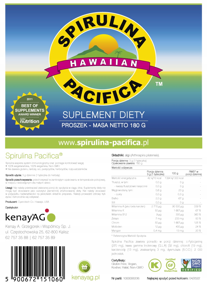 Spirulina PacificA Havajský prášok 180 g Kenay