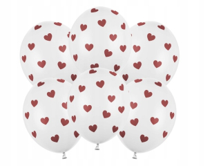 Darček na Valentína - Biele strany balóny s červenými srdiečkami 30 cm 6 kusov
