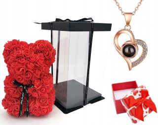 Darček na Valentína - Miś s ružami pohodlie 25 cm