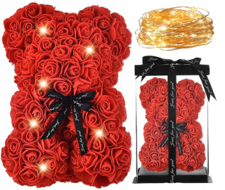 Darček na Valentína - Teddy Bear, večný ružový medvedík s ružami červená 25 cm s valentínskym boxom darček 25 cm