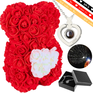 Darček na Valentína - Teddy Bear Rose Heart vločky náhrdelník Milujem ťa