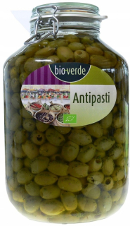 Zelené olivy bez semien s bylinkami v bio olejoch