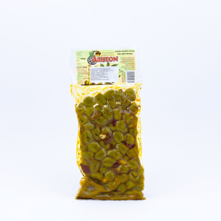 Zelené olivy bez kôstok marinované korenené 400g