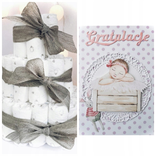 Doplnky na krst - Sada koláča vyrobeného z plienok Pampers +ručne vyrobená karta