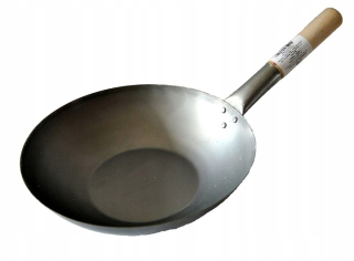OCELOVÝ WOK 30 cm ploché dno s drevenou rukoväťou
